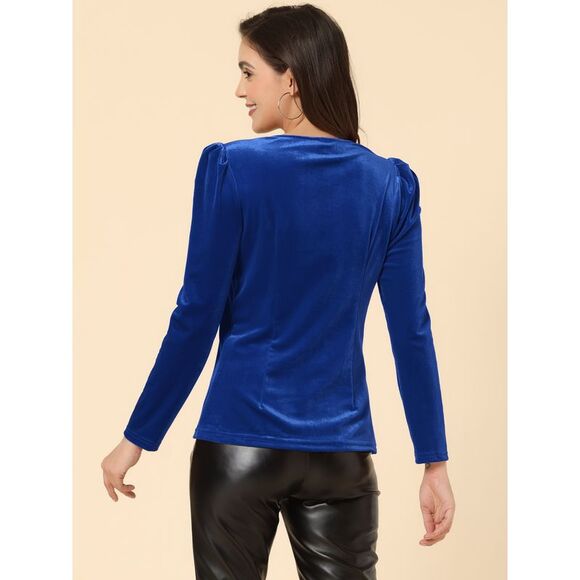 Velvet V-Neck Long Sleeve Gilding Metallic Stars Top Royal Blue - Picture 4 of 5